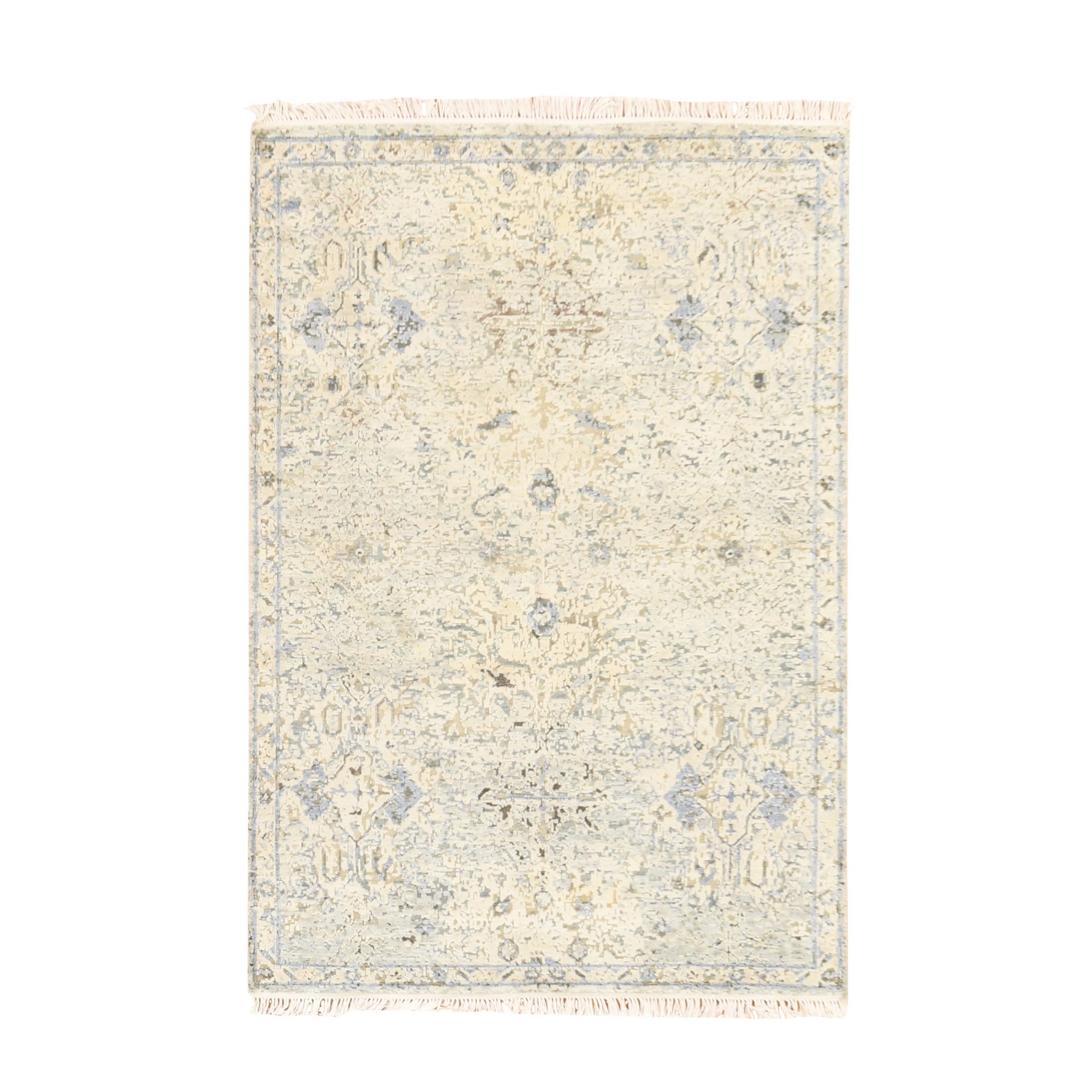 4'x6' Chiffon White, Pure Silk with Textured Wool, Oushak Design, Distressed, Hand Knotted, Oriental Rug 